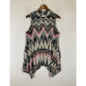 Boho Tribal Honeyme Women Sm Pink Grey Geometric Mock Neck Sharkbite Tunic Top